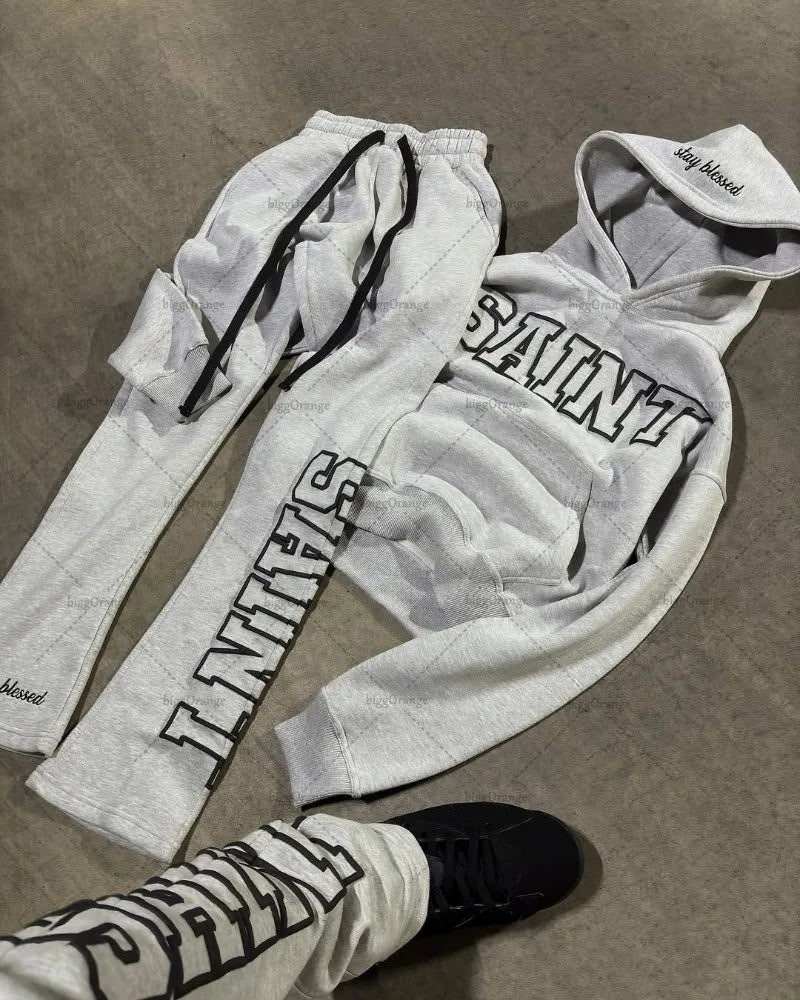 Nuevo traje de streetwear hip-hop para hombres, chándal casual retro con estampado de letras, sudadera con cremallera gris Harajuku para mujeres