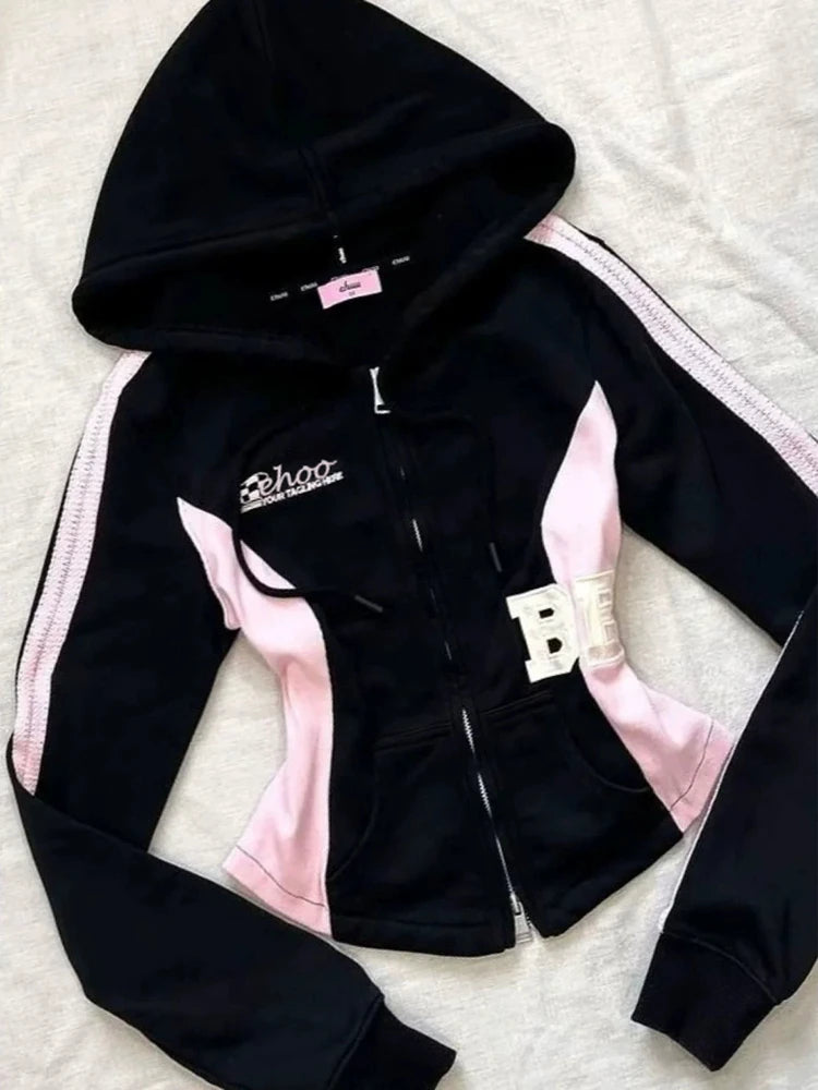 Sudadera con cremallera estética de los 2000 para mujeres, chaqueta casual negra, ajuste ceñido, cintura con cordón, manga larga, moda streetwear, abrigo 2025