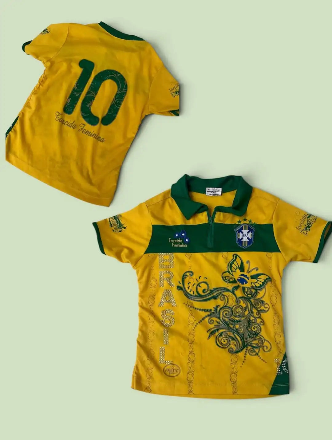 Brazilian Female Football Fan T-shirt Set Y2K Vintage Yellow Green Football Polo Shirt National Flag Printing Micro Flared Jeans - Planet Missy