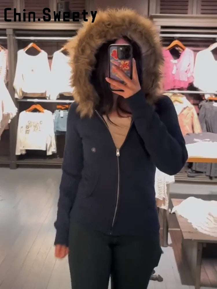 Faux Fur Trim Winter Zip Jacket