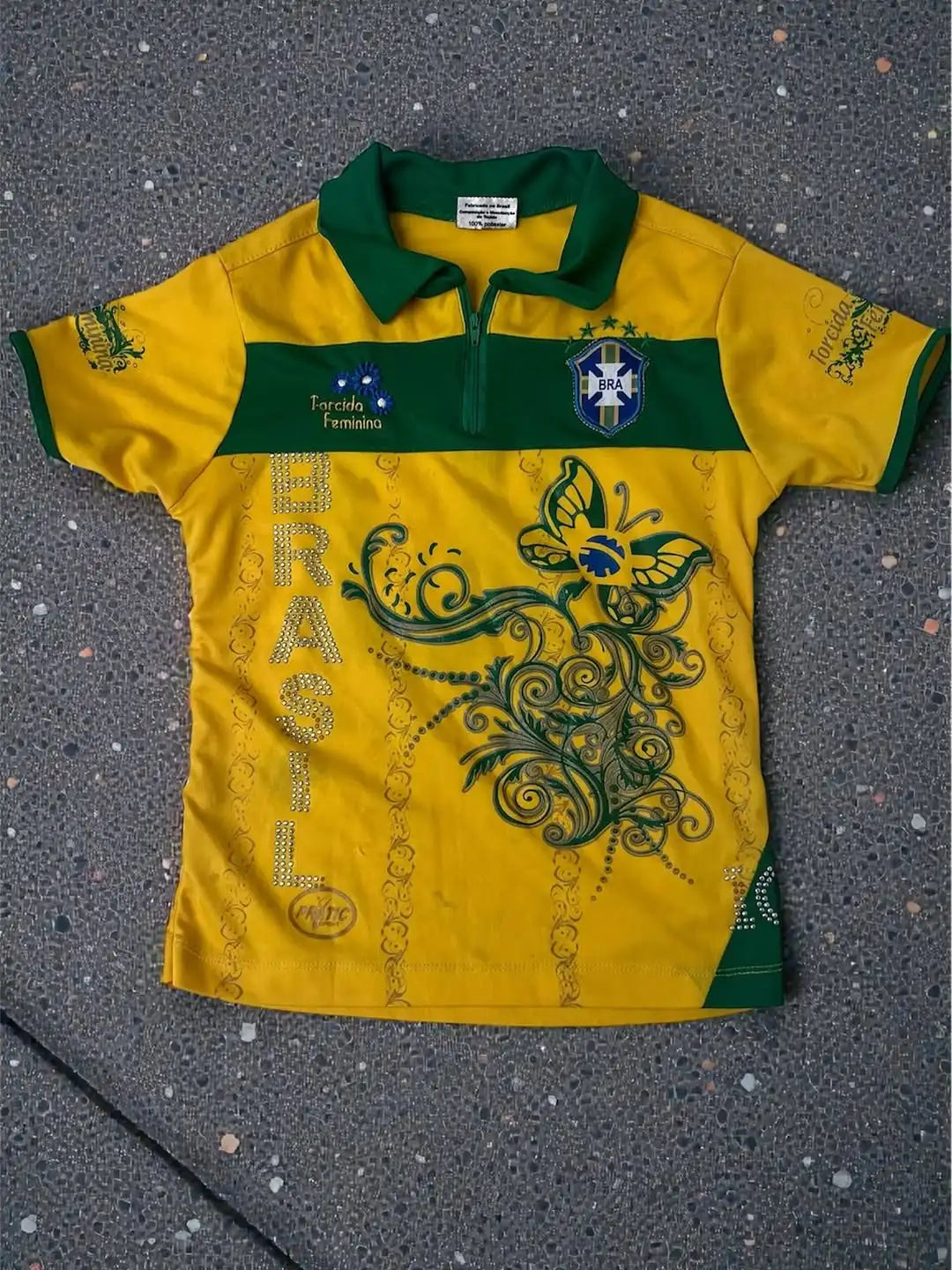 Brazilian Female Football Fan T-shirt Set Y2K Vintage Yellow Green Football Polo Shirt National Flag Printing Micro Flared Jeans - Planet Missy