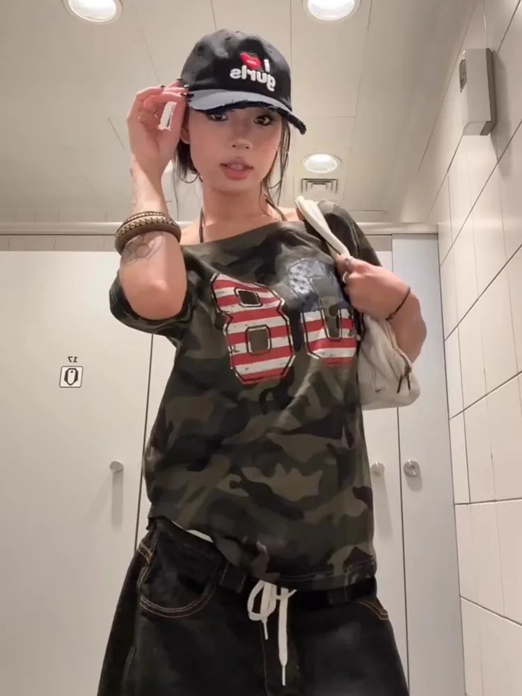 Off shoulder Camouflage  T-shirt - Planet Missy