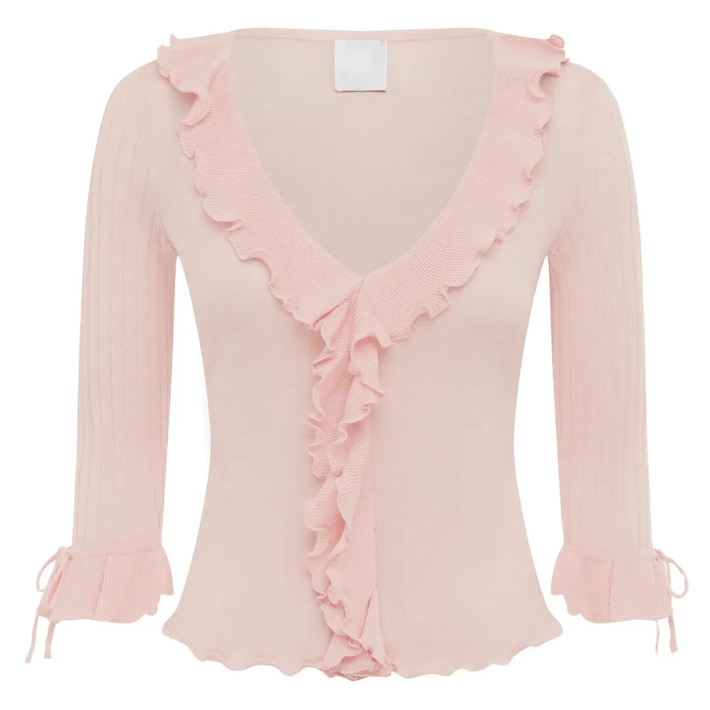 Ruffled Deep V-Neck Knit Top