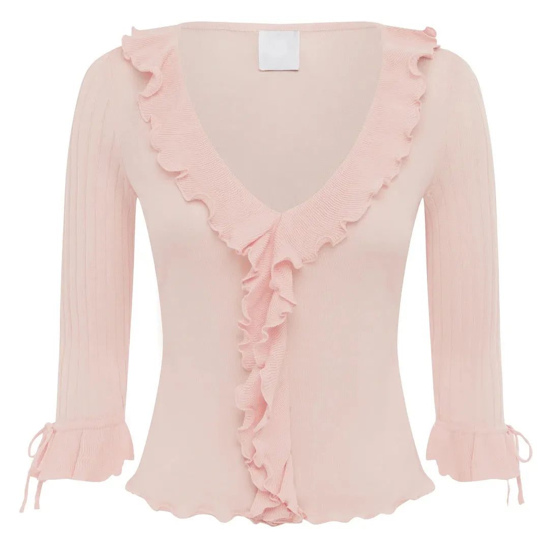 Ruffled Deep V-Neck Knit Top