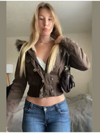 Brown Y2K Faux Fur Hooded Short Jacket
