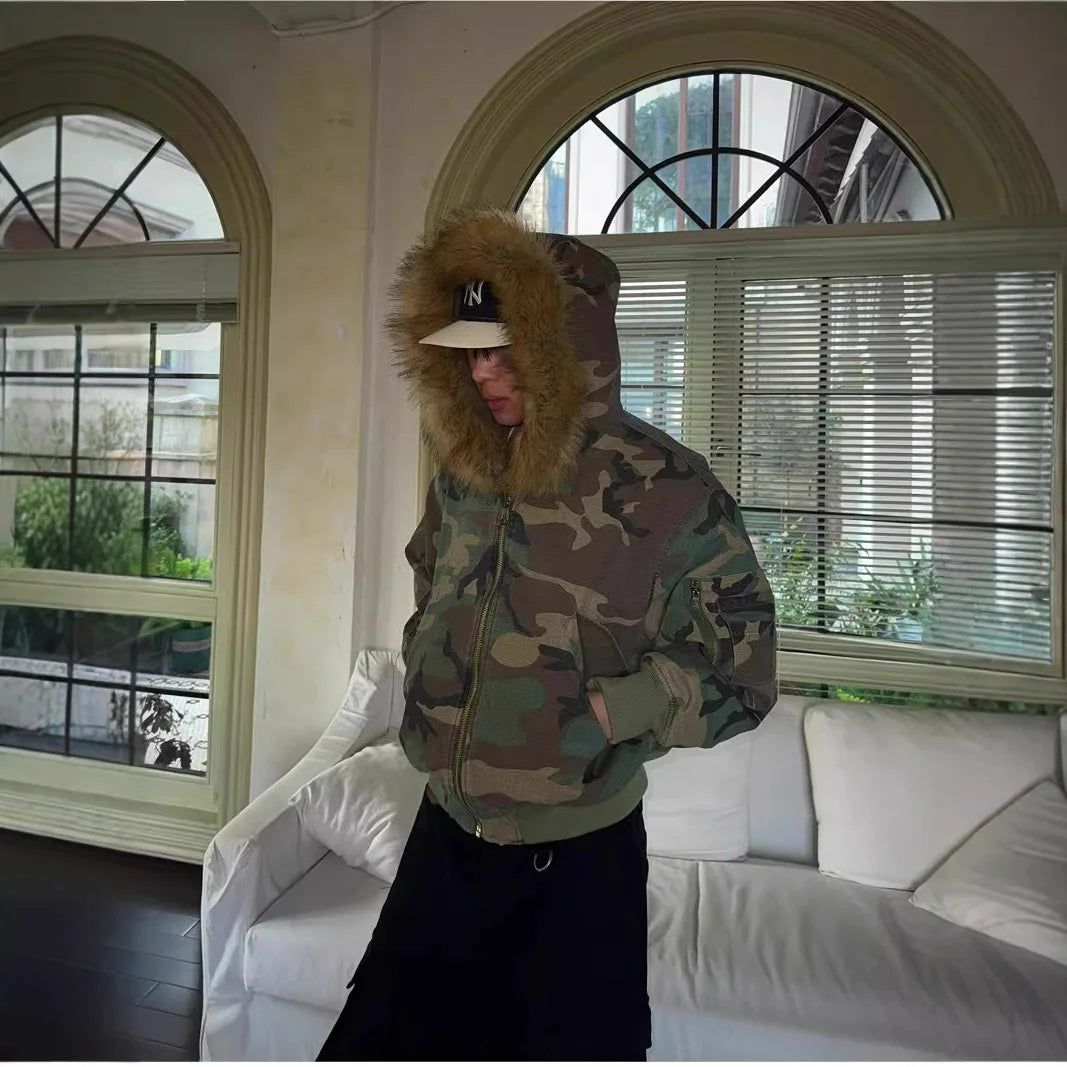 Abrigo de invierno para hombre, cálido, chaqueta de camuflaje reversible, parka de algodón grueso con cuello de piel, abrigo de estilo militar para exteriores