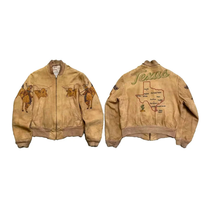 Y2K Vintage Baseball Jacket Street Fashion Western Denim Pattern Zipper Jacket American Harajuku Men Women Oversized Streetwear - Planet Missy
