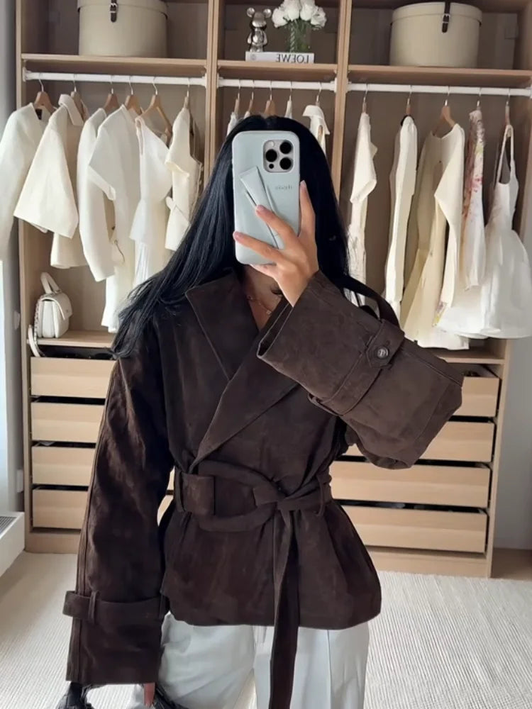Brown Suede Trench Coat Jacket - Planet Missy
