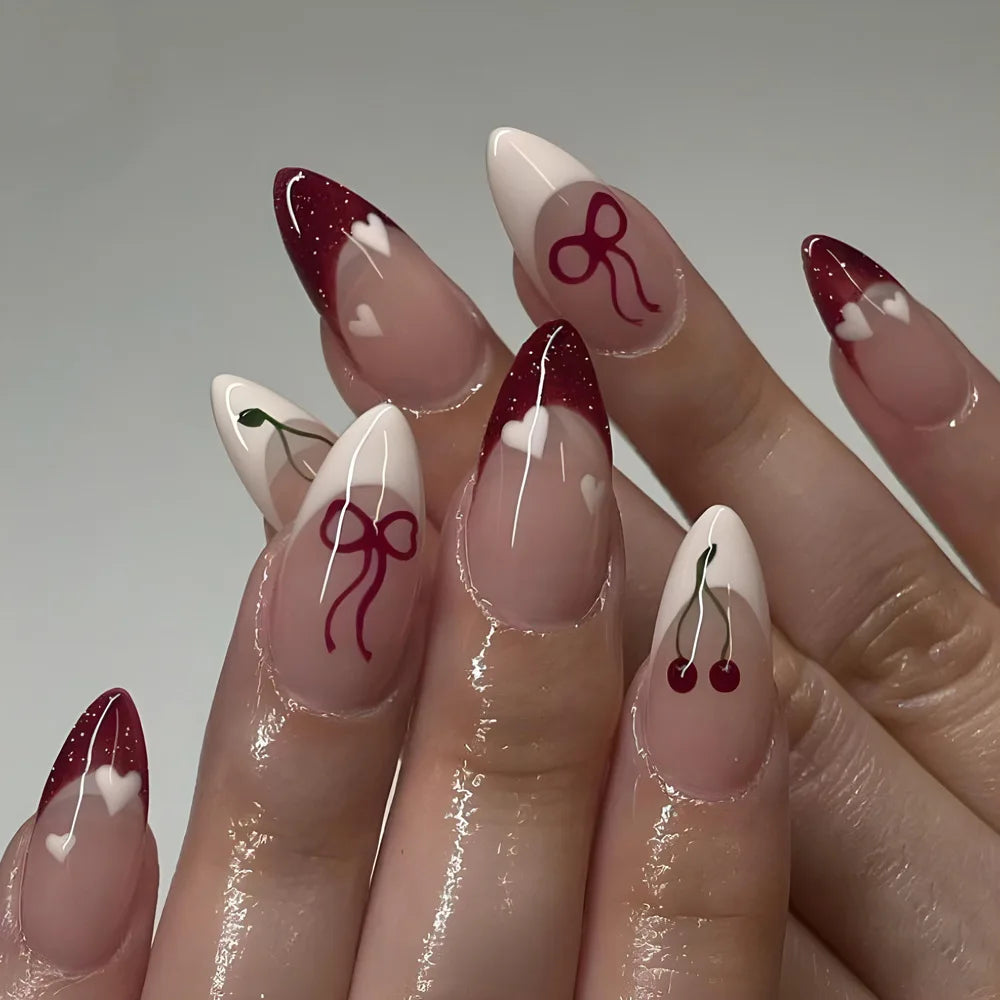 French Fake Nails Red Five-pointed Star False Nails Full Cover Press on Nail Tips y2k Nail Art Almond Artificial Nail Patches - Planet Missy