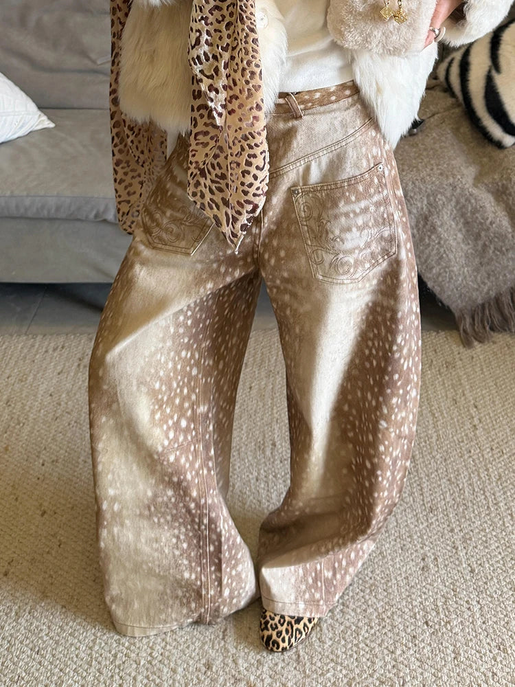 High Waist Deer Print Jeans - Planet Missy