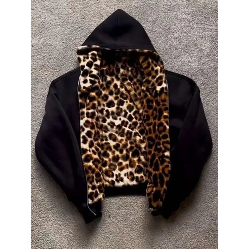 Leopard print plush zipper
