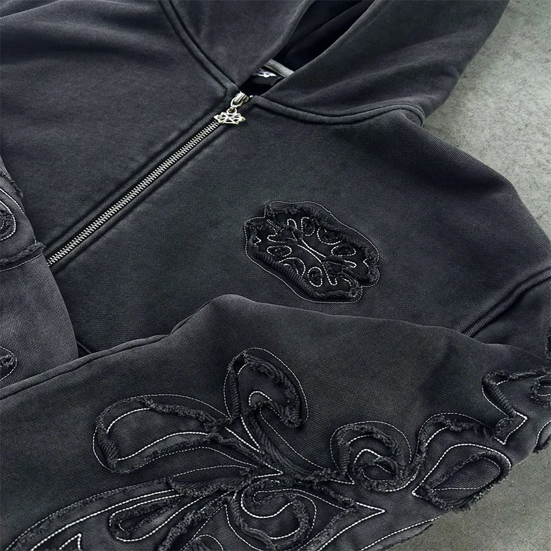 Graphic Embroidery Zipper Hoodie