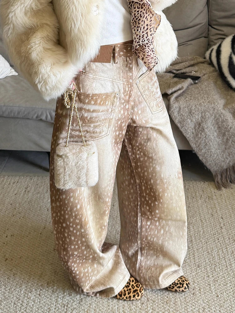 High Waist Deer Print Jeans - Planet Missy