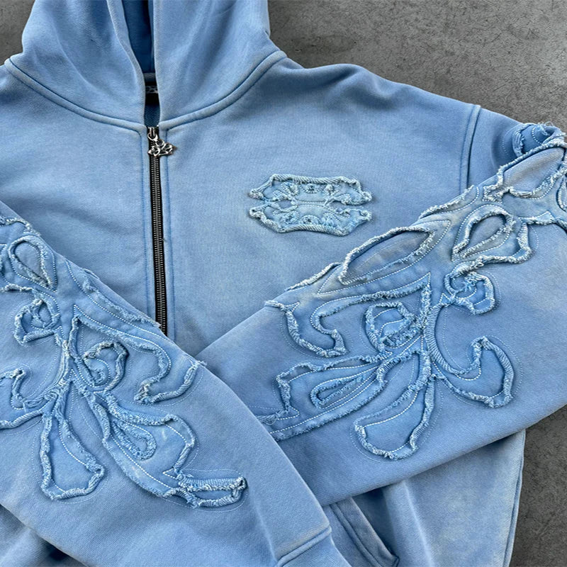 Graphic Embroidery Zipper Hoodie - Planet Missy