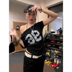 Off shoulder black number tee
