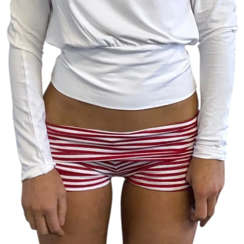 Y2k Dot/Stripe Print Ruched Bodycon Micro Short Pants Coquette Low Rise Fold Over Shorts Women Summer Going Out Lounge Shorts - Planet Missy