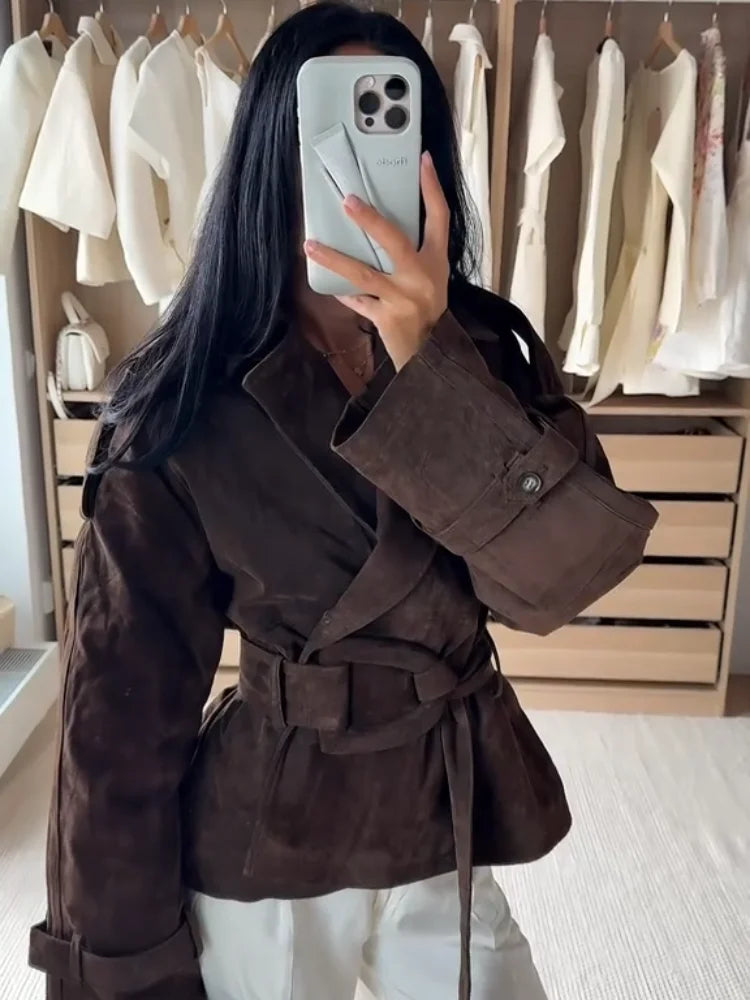 Brown Suede Trench Coat Jacket - Planet Missy