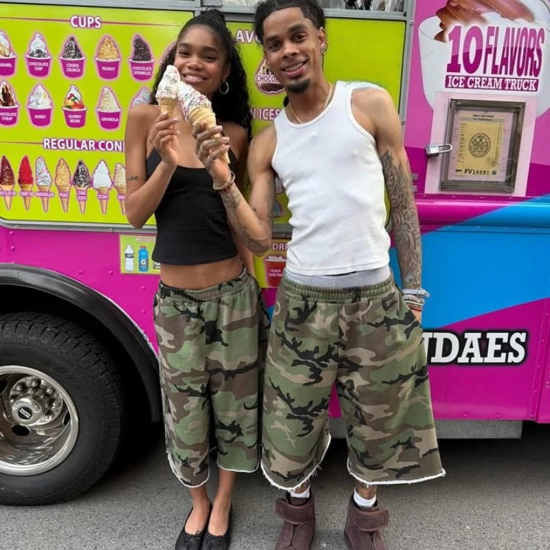 Y2K Casual Fashion Camo Shorts Camouflage Printing Pocket Burr Sweatshorts Hip Hop Harajuku Streetwear Men Women Wide Leg Pants - Planet Missy