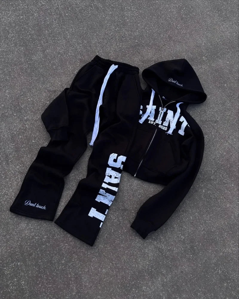 Nuevo traje de streetwear hip-hop para hombres, chándal casual retro con estampado de letras, sudadera con cremallera gris Harajuku para mujeres