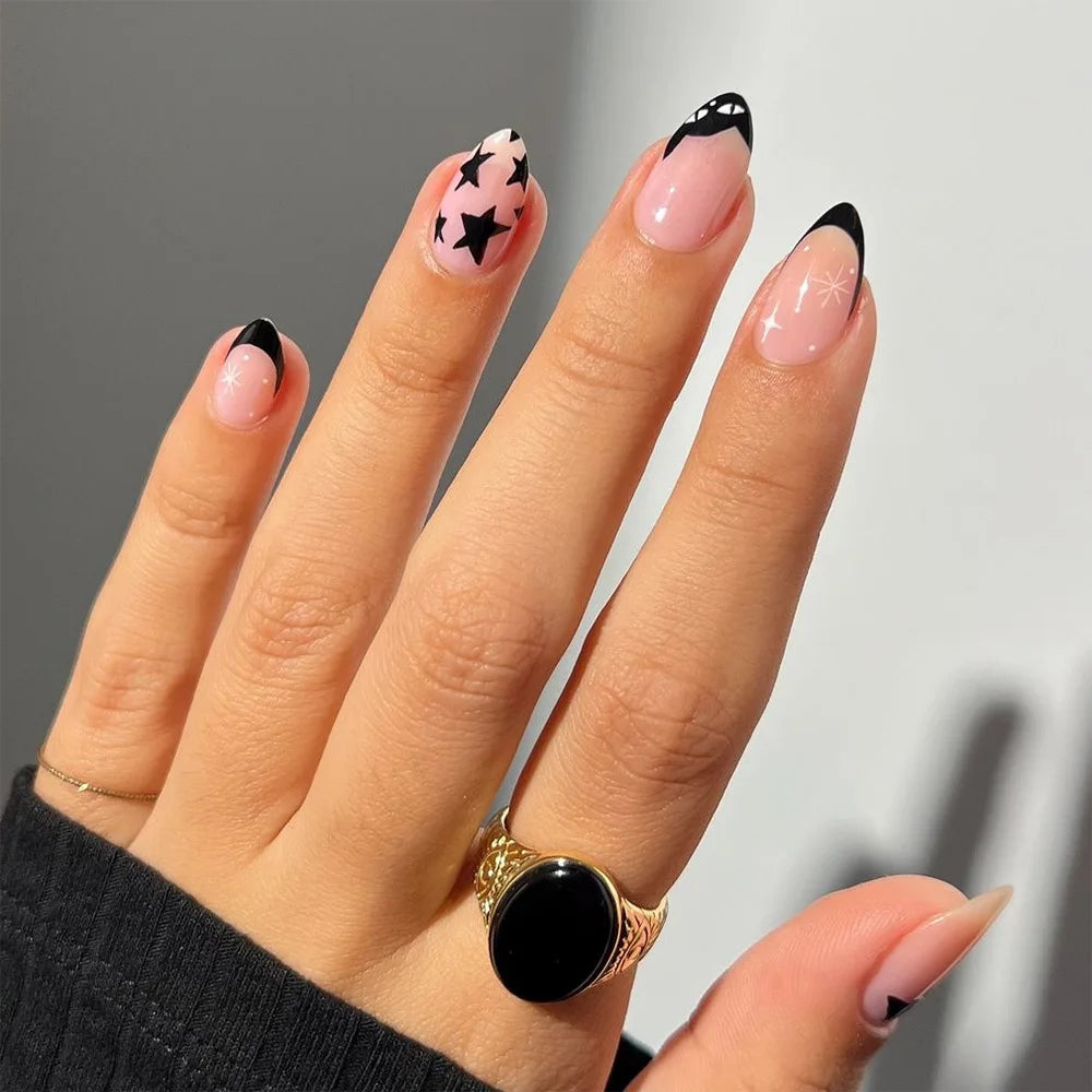French Fake Nails Red Five-pointed Star False Nails Full Cover Press on Nail Tips y2k Nail Art Almond Artificial Nail Patches - Planet Missy