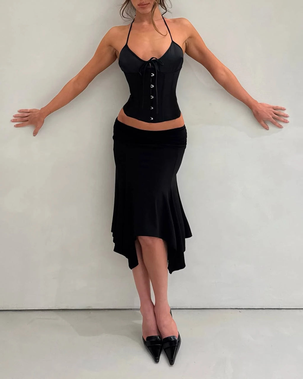 Black Satin Fishbone Top - Planet Missy