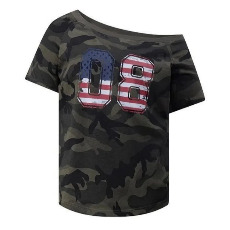 Off shoulder Camouflage  T-shirt - Planet Missy
