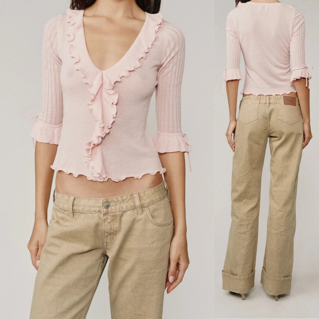 Ruffled Deep V-Neck Knit Top