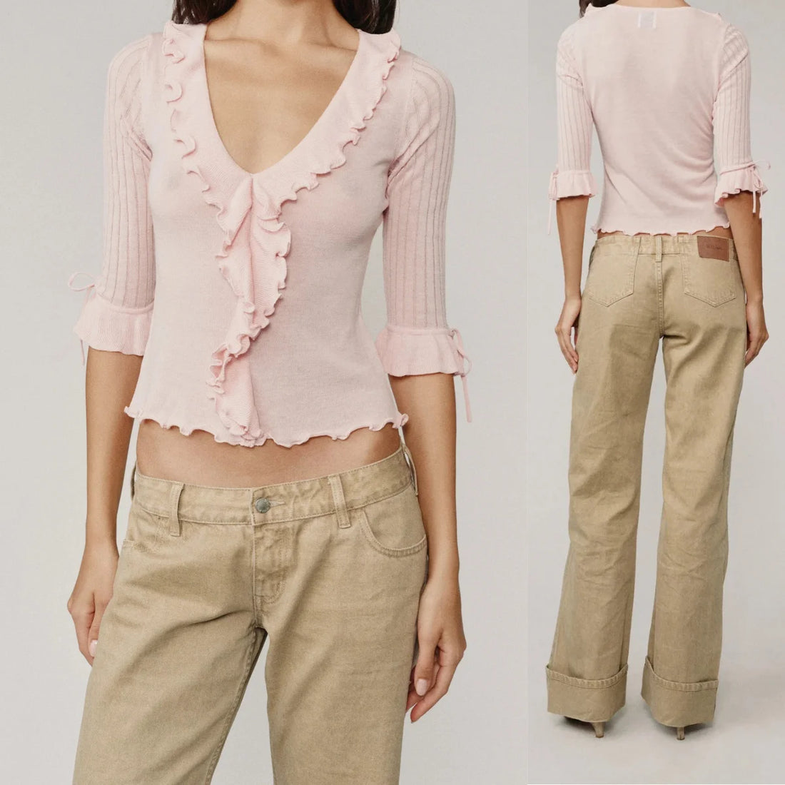 Ruffled Deep V-Neck Knit Top - Planet Missy