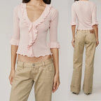 Ruffled Deep V-Neck Knit Top