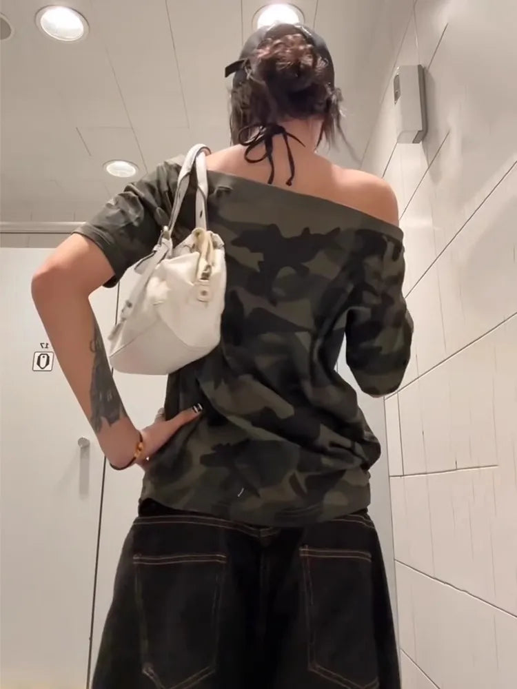 Off shoulder Camouflage  T-shirt - Planet Missy
