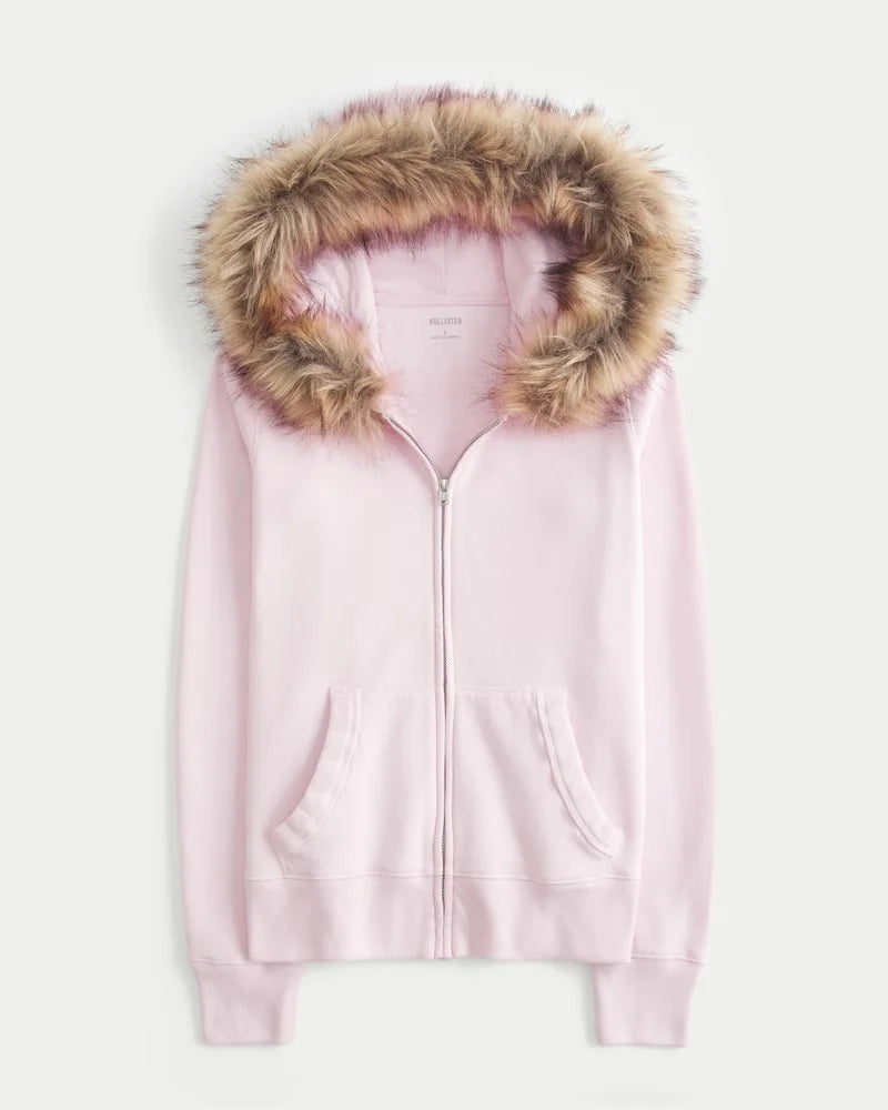 Faux Fur Trim Winter Zip Jacket