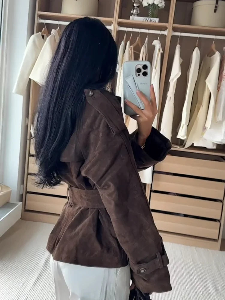 Brown Suede Trench Coat Jacket - Planet Missy