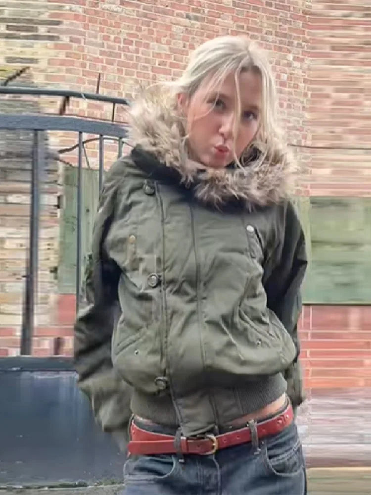 Khaki Y2K Faux Fur Hooded Coat