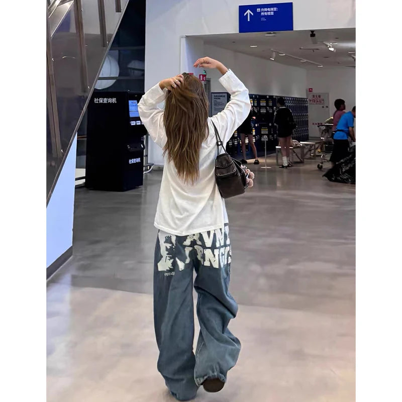 Vintage Printing Denim Trousers - Planet Missy
