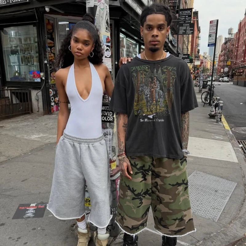 Y2K Casual Fashion Camo Shorts Camouflage Printing Pocket Burr Sweatshorts Hip Hop Harajuku Streetwear Men Women Wide Leg Pants - Planet Missy