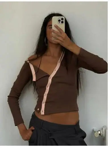 Contrast Button Off-Shoulder Top