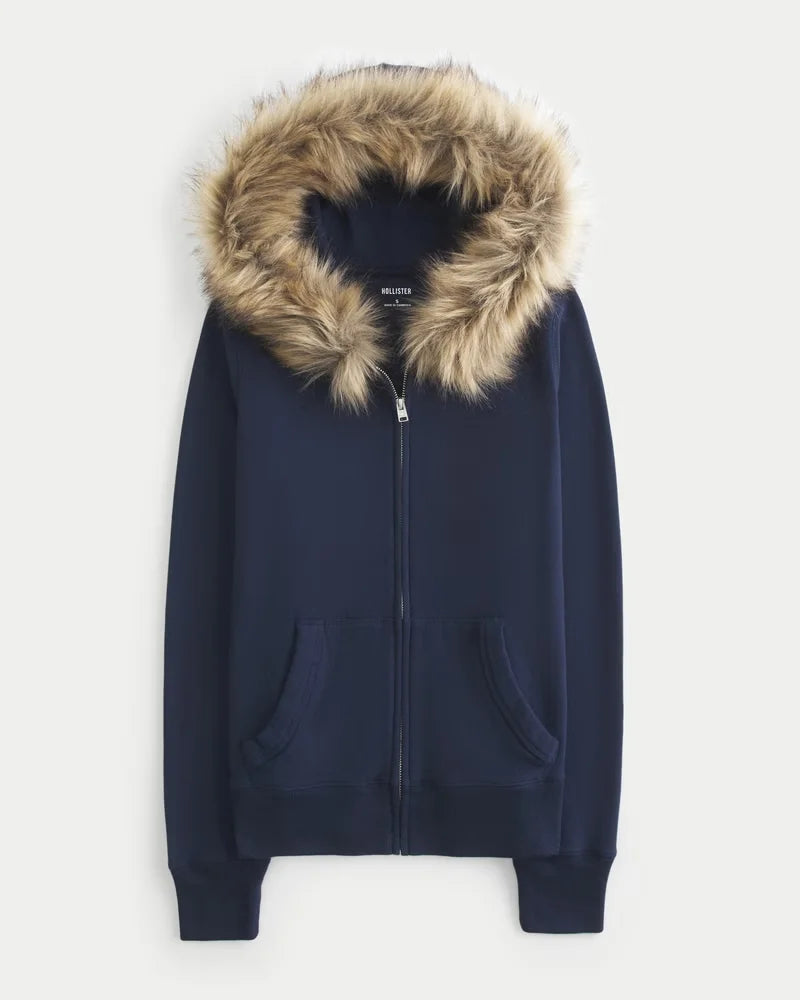 Faux Fur Trim Winter Zip Jacket