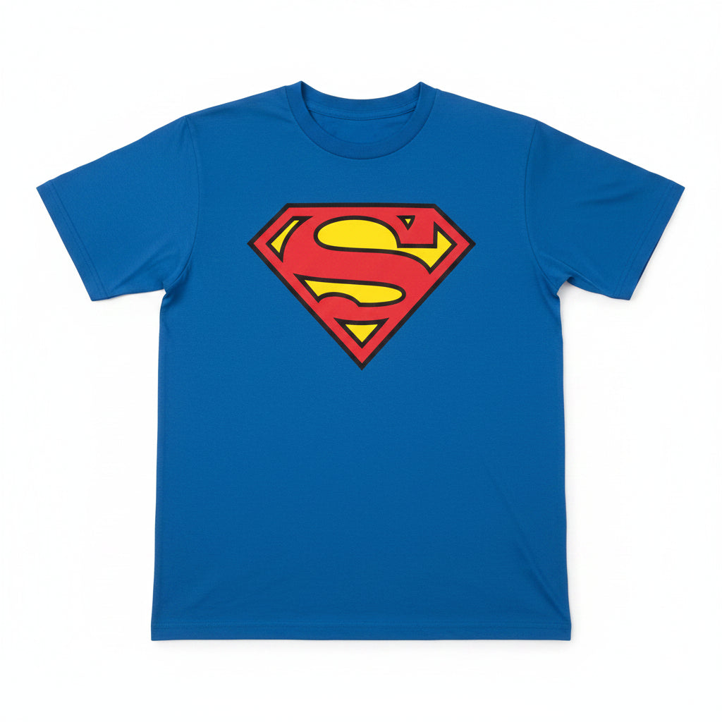Blue t-shirt with Superman logo on a white background