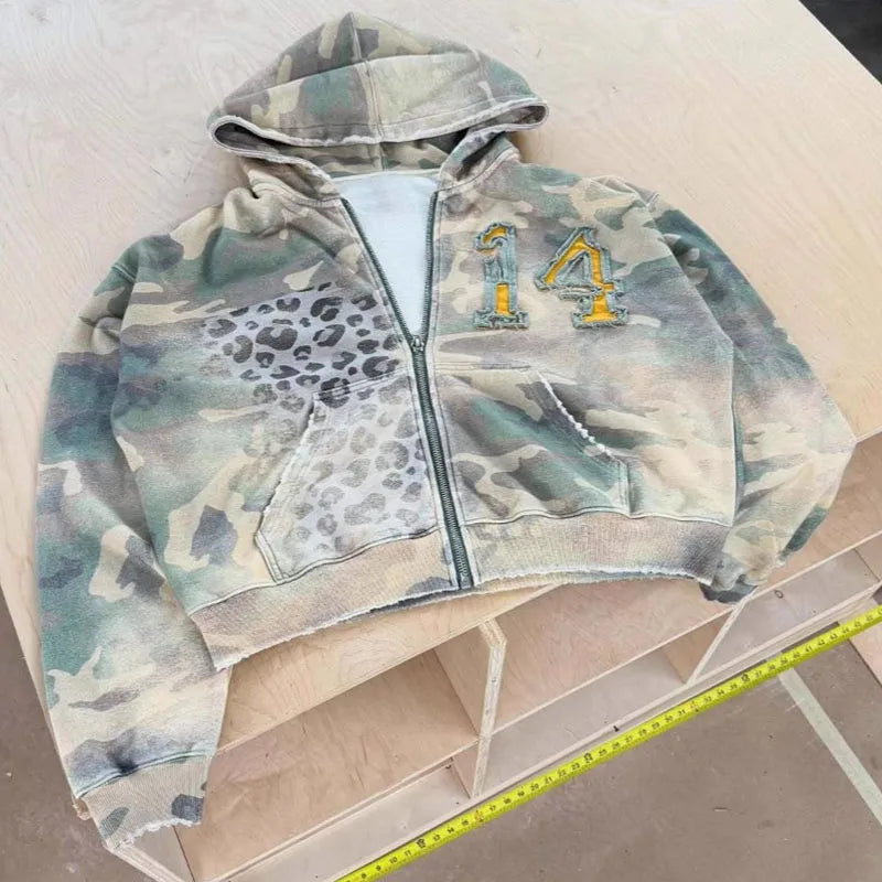 Sudadera Vintage de Estética de Parches Hechos a Mano con Estampado de Camuflaje de Leopardo, Ropa de Calle Harajuku de Otoño Invierno, de Manga Larga