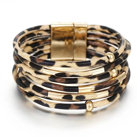 Vintage Metal Tube Leopard Leather Bracelet