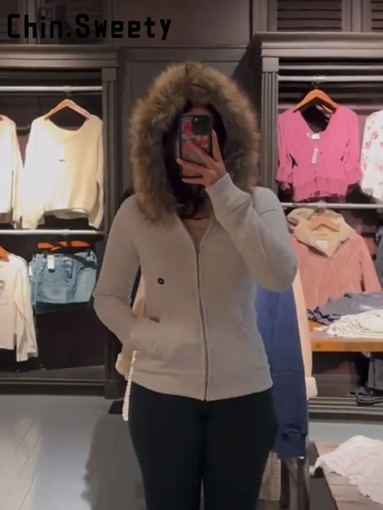 Faux Fur Trim Winter Zip Jacket