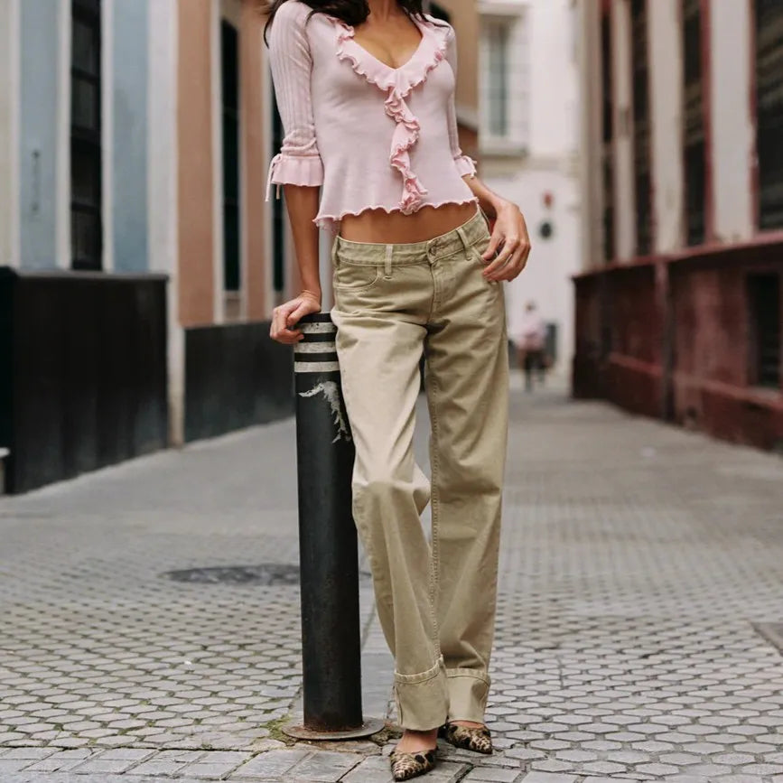 Ruffled Deep V-Neck Knit Top