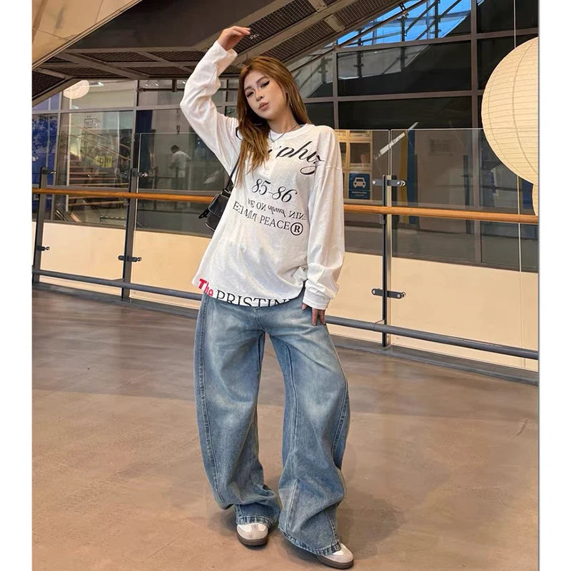 Vintage Printing Denim Trousers - Planet Missy