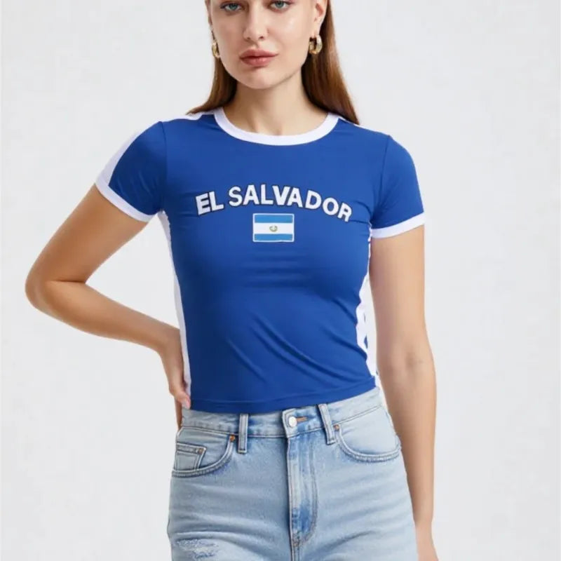 Summer El Salvador Y2K Baby Tee Slim Fit T-shirt Women's Sexy Short Sleeved O-neck Basic Blue Sports Casual Style Crop Tops - Planet Missy