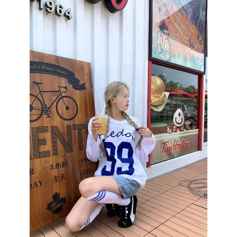 Jerseys retro, camisetas, nueva marca de tendencia para mujeres, camiseta de cuello redondo holgada, de secado rápido, de manga larga, para otoño e invierno