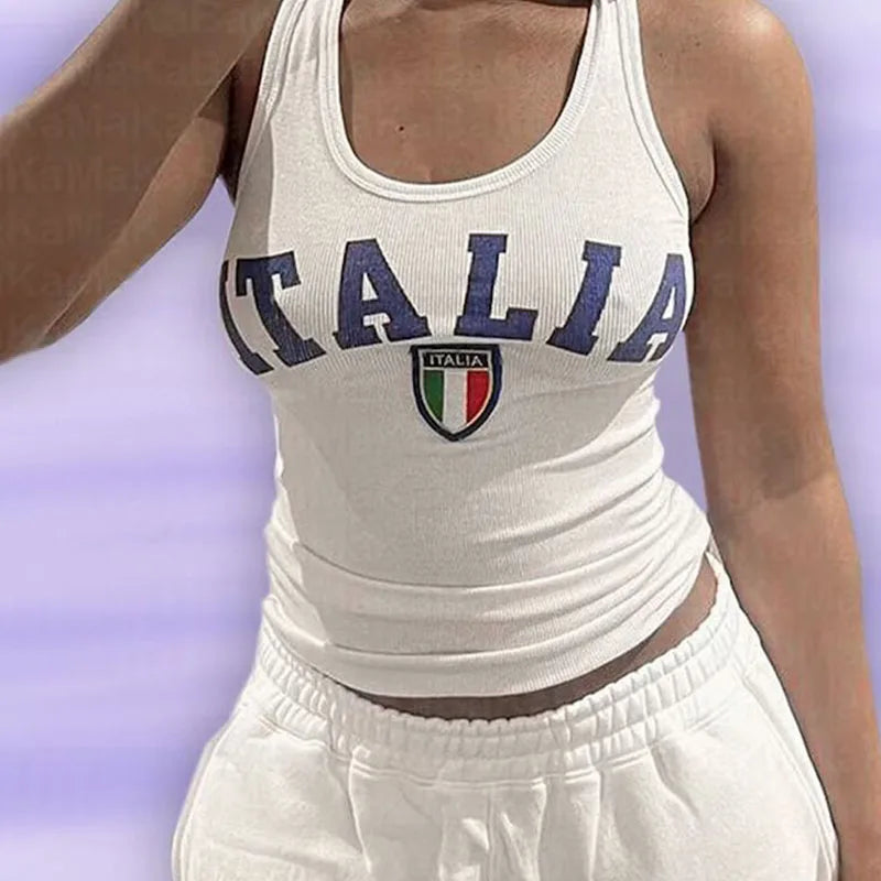 Punk Aesthetic Retro ITALIA Letter Print Sleeveless Vest Summer Sexy Crop Top Y2k Clothes Women Vintage Harajuku Casual TankTop - Planet Missy