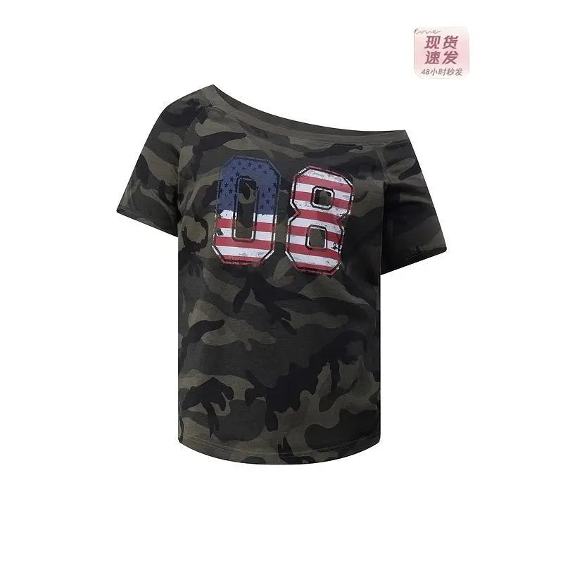 Off shoulder Camouflage  T-shirt - Planet Missy