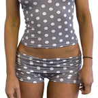 Y2k Dot/Stripe Print Ruched Bodycon Micro Short Pants Coquette Low Rise Fold Over Shorts Women Summer Going Out Lounge Shorts - Planet Missy