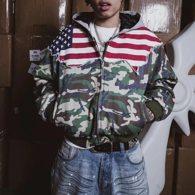 New retro hip hop camouflage patchwork flag men hoodie y2k streetwear casual goth loose hoodie for men and women - Planet Missy