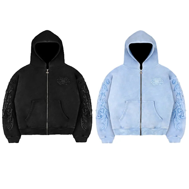 Graphic Embroidery Zipper Hoodie - Planet Missy